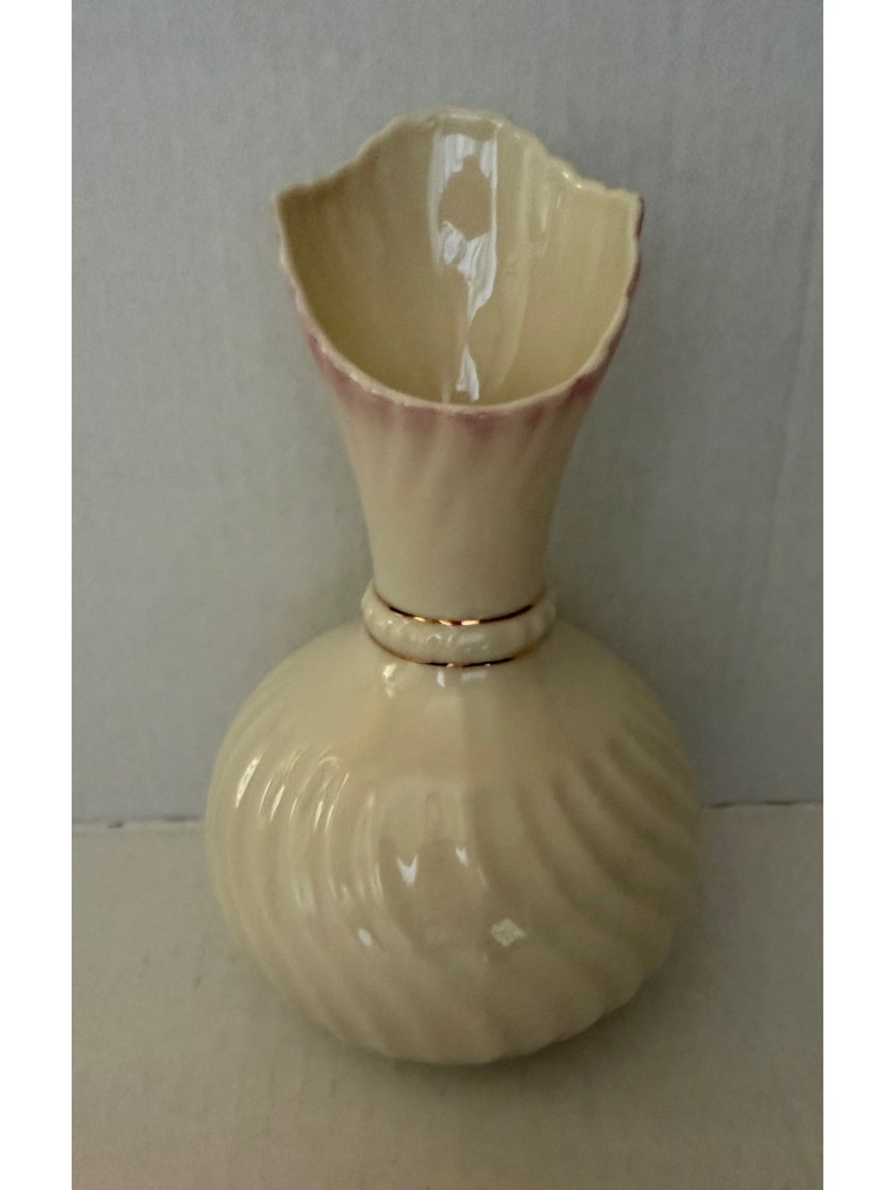 Belleek of Ireland Gold/Brown Mark 1980-90’s Swirl Globe Vase Pink & Gold Accent
